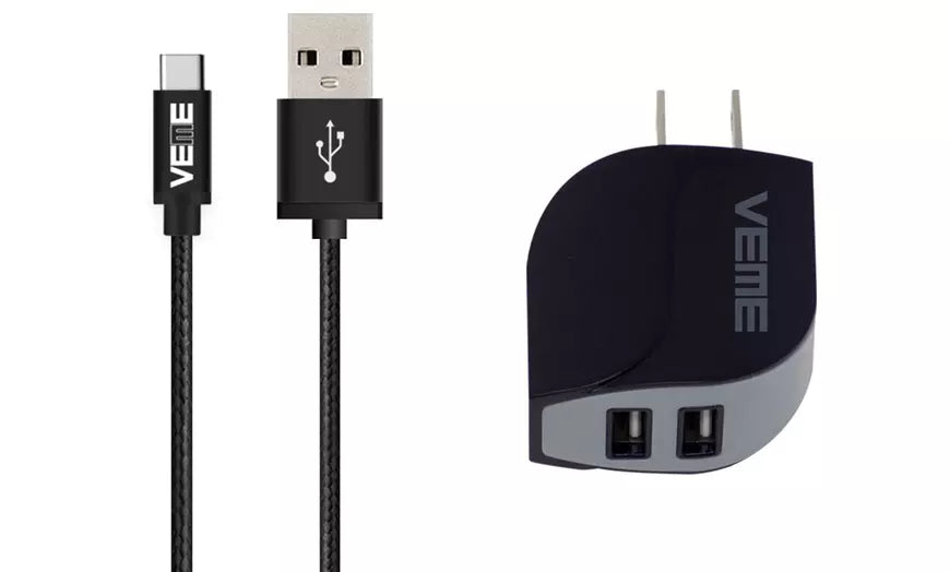 Black VEME USB-C Aluminum Charging Cable With USB-A Home Adapter