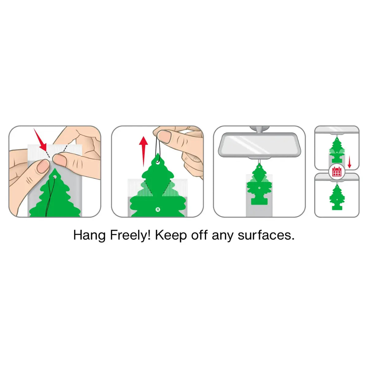 Hanging instructions for Black Ice car air freshener 2-pack in vehicle interior