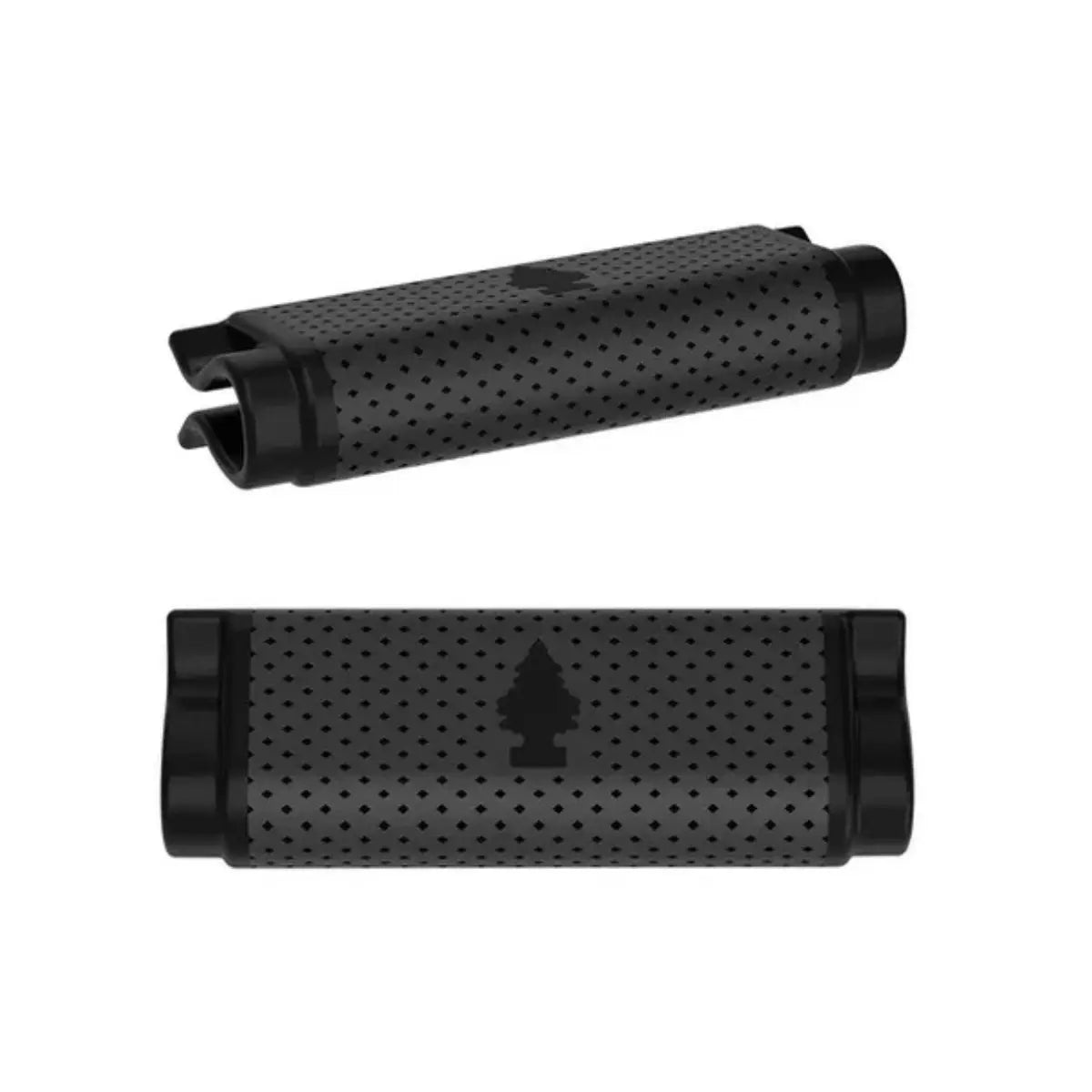 Close-up view of two Black Ice Little Trees vent wrap air fresheners