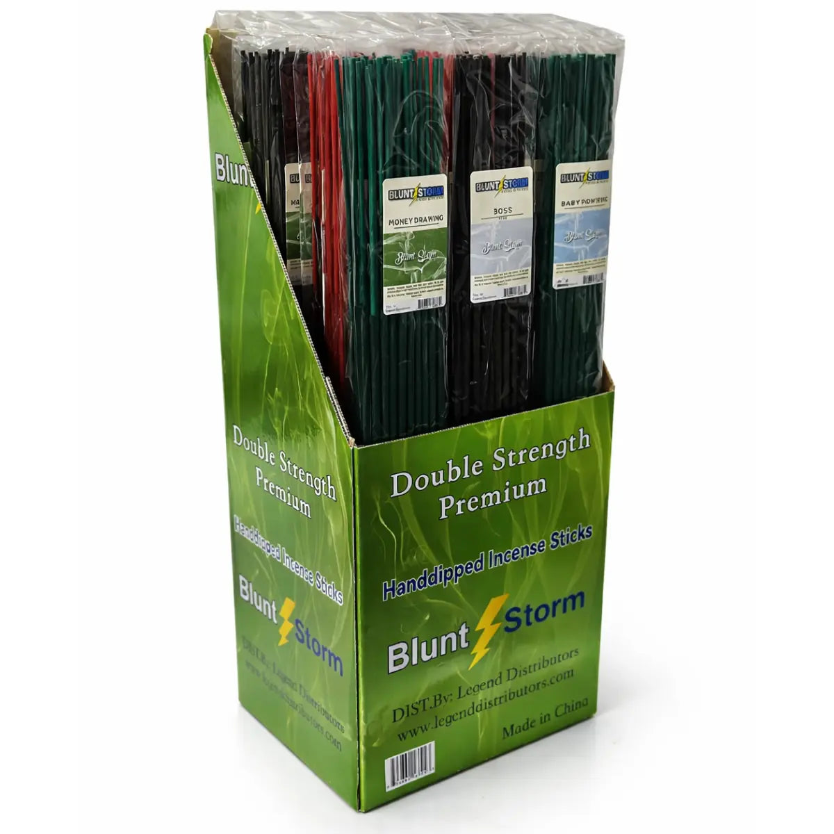 Display of Blunt Storm double-strength premium hand-dipped license sticks in a green packaging box.