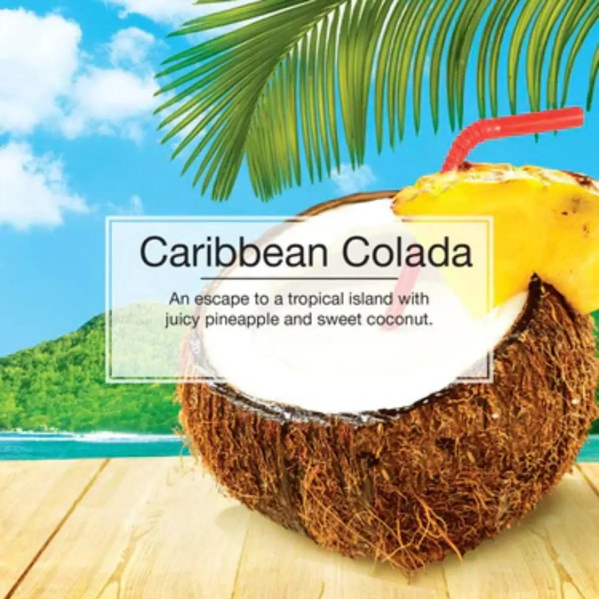 Caribbean Colada scent visual with a coconut, pineapple slice, and tropical background describing the fruity fragrance.