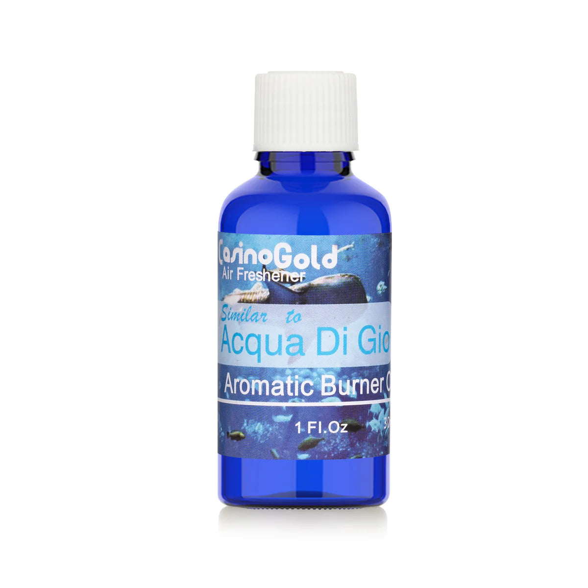 Casino Gold Acqua Di Gio Type Fragrance Oil Air Freshener in a 1 oz blue bottle