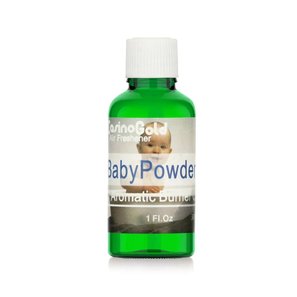 Casino Gold Baby Powder Fragrance Oil Air Freshener in a 1 oz green bottle