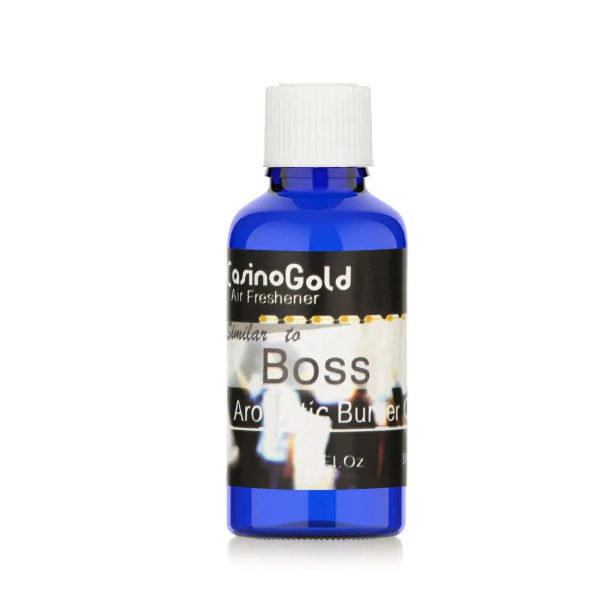 Casino Gold Boss Type Fragrance Oil Air Freshener in a 1 oz blue bottle