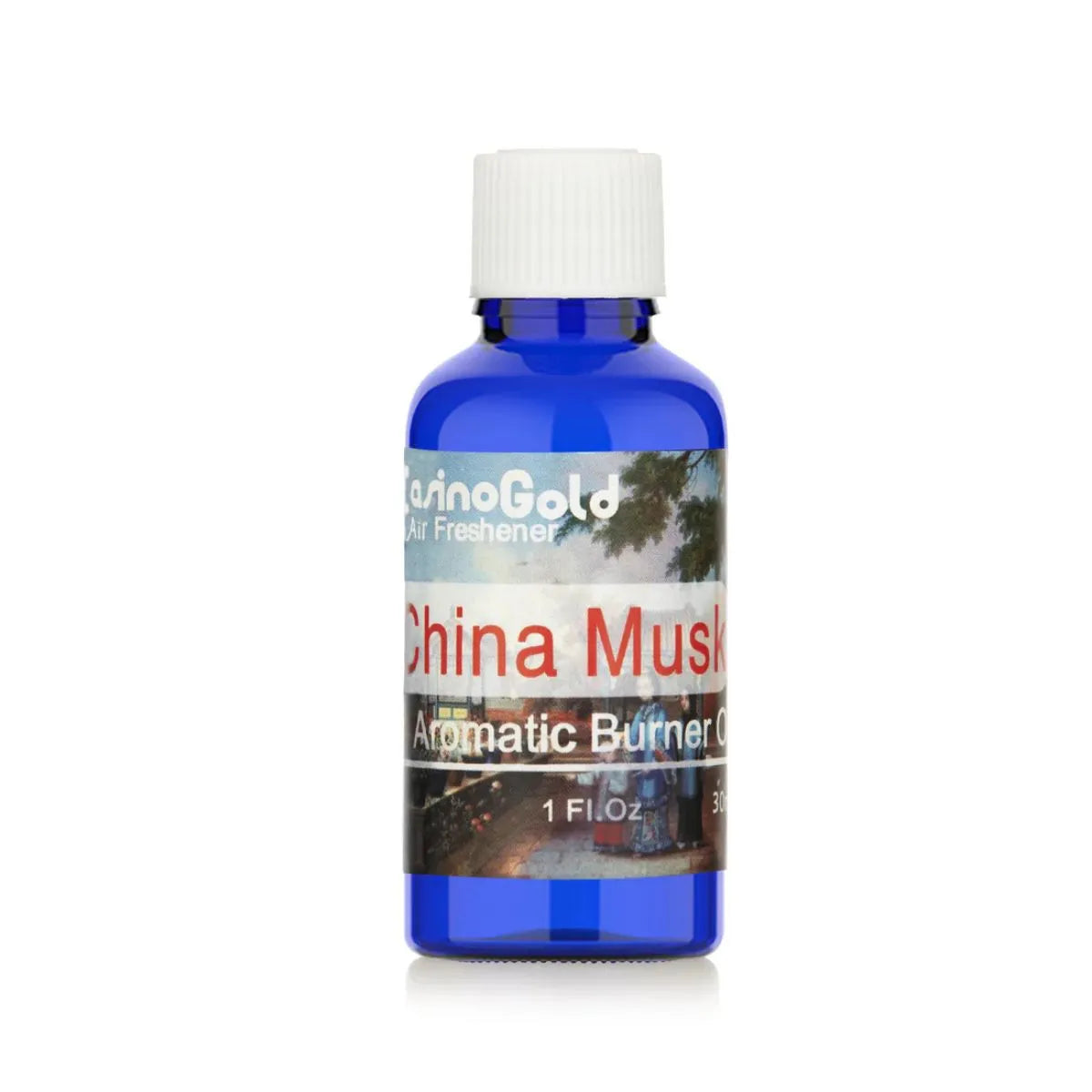 Casino Gold China Musk Fragrance Oil Air Freshener in a 1 oz blue bottle