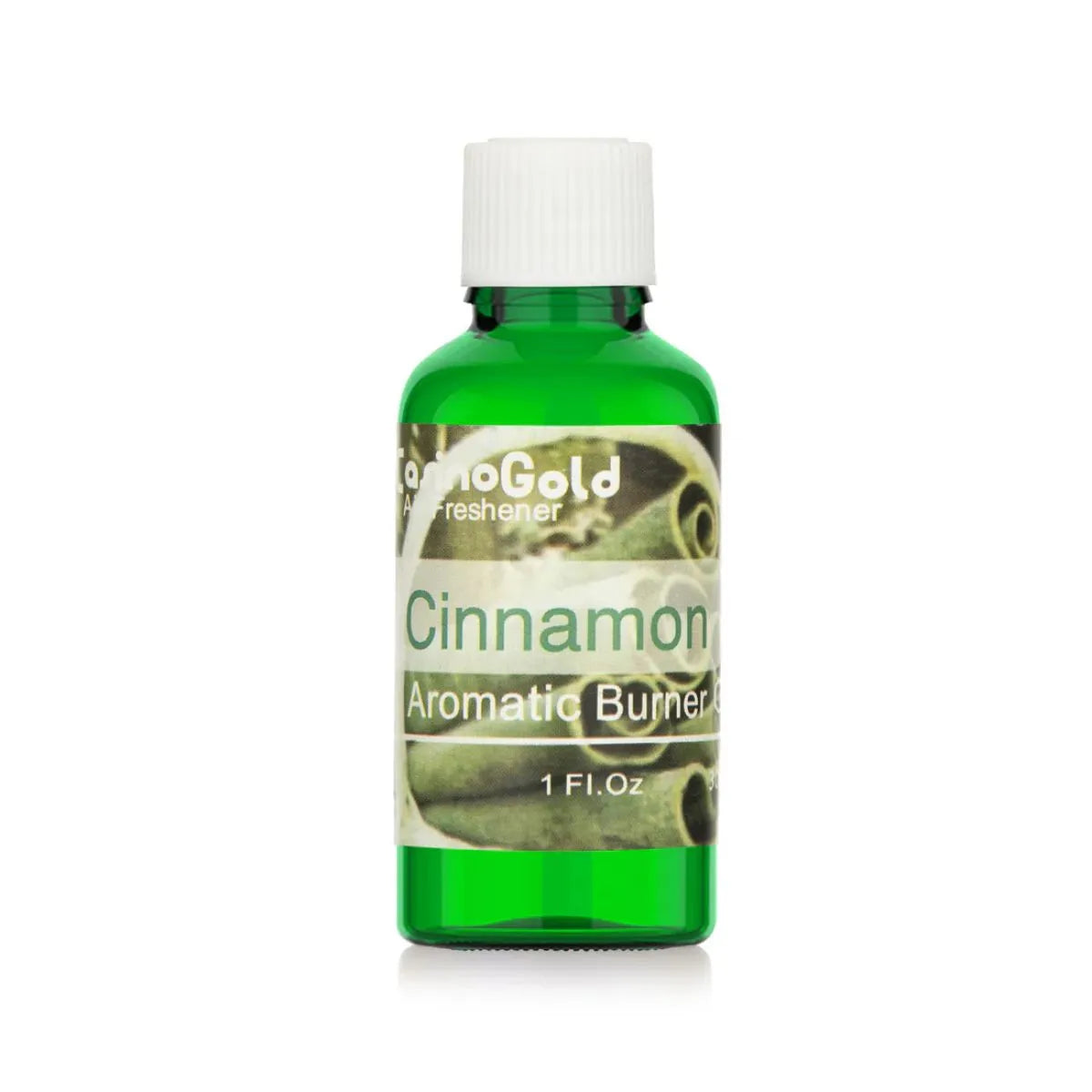 Casino Gold Cinnamon Fragrance Oil Air Freshener in a 1 oz green bottle