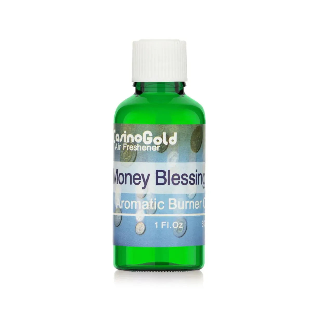 Casino Gold Money Blessing Fragrance Oil Air Freshener in a 1 oz green bottle