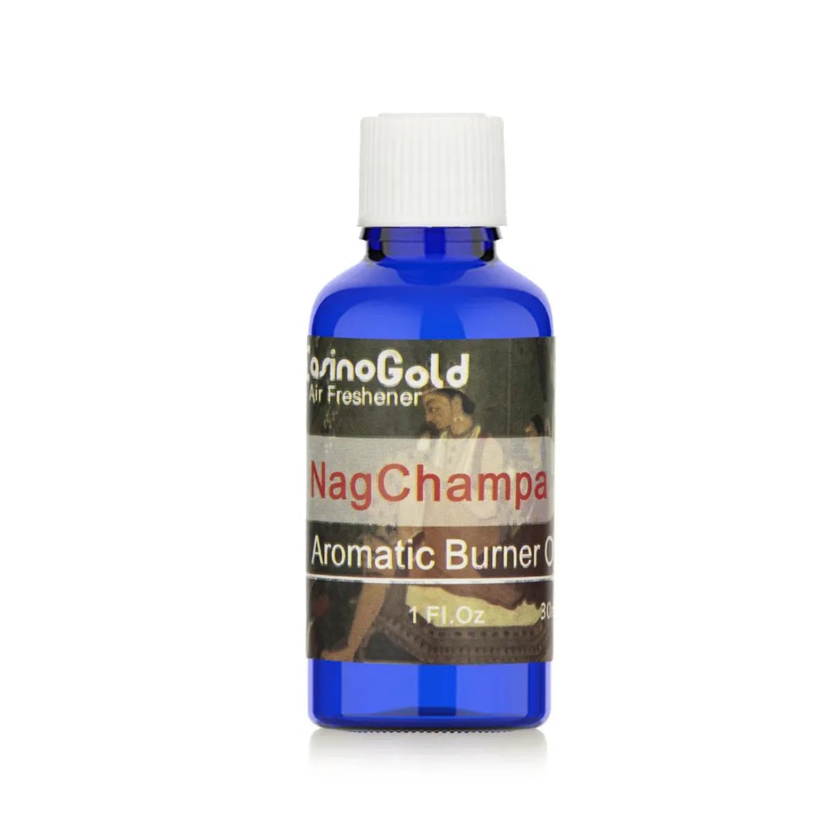 Casino Gold Nag Champa Fragrance Oil Air Freshener in a 1 oz blue bottle