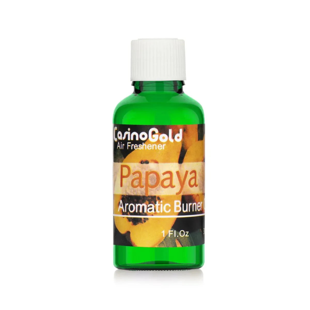 Casino Gold Papaya Fragrance Oil Air Freshener in a 1 oz green bottle