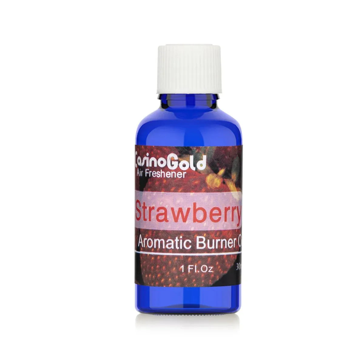Casino Gold Strawberry Fragrance Oil Air Freshener in a 1 oz blue bottle