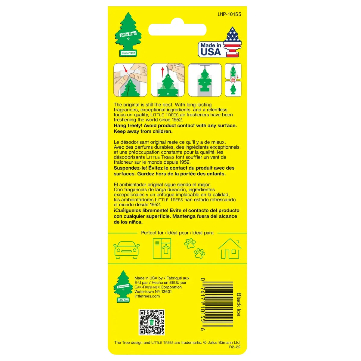 Back of Little Trees America 2-pack car air freshener packaging with barcode and usage info
