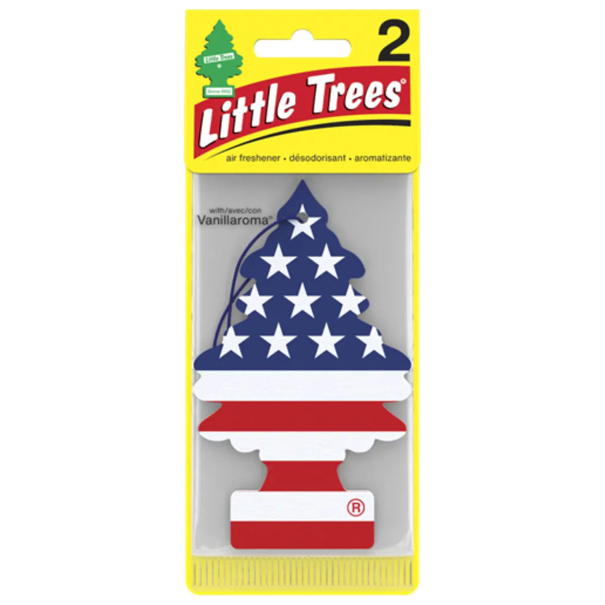 Front of Little Trees America 2-pack car air freshener packaging for wholesale resale