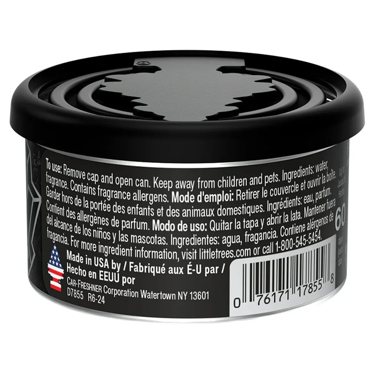Back label of Little Trees Black Ice Fiber Can showing product details