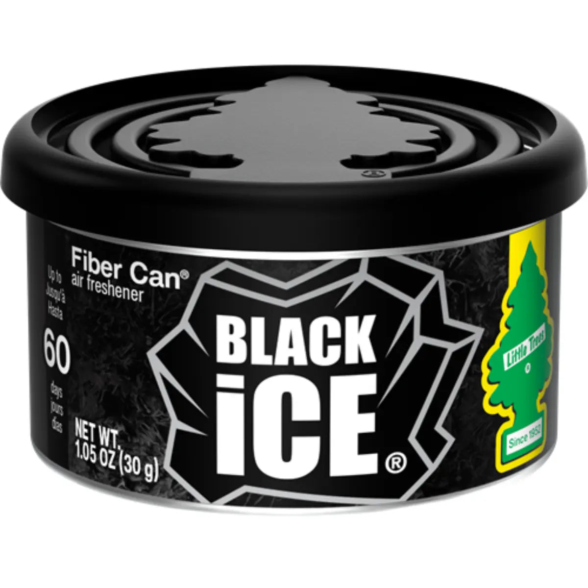 Front view of Little Trees Black Ice Fiber Can air freshener