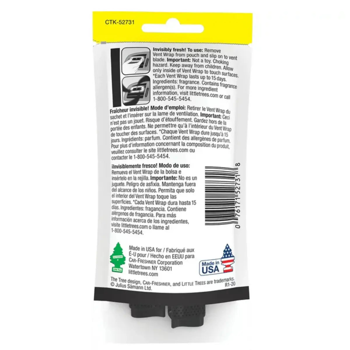 Back of Little Trees Black Ice Vent Wrap 4-Pack packaging with usage instructions