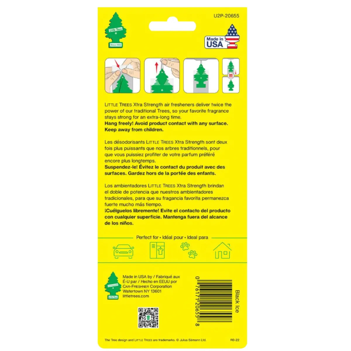 Back of Black Ice Xtra Strength air freshener package with hanging instructions and barcode