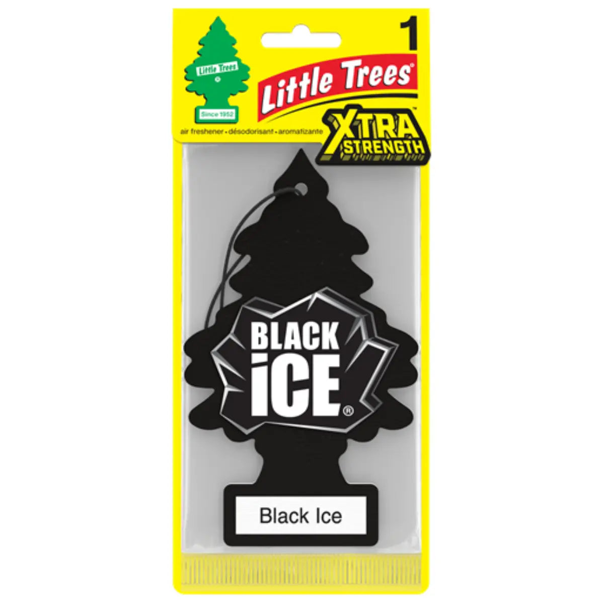Front of Xtra Strength Little Trees Black Ice air freshener in retail packaging with bold black tree design
