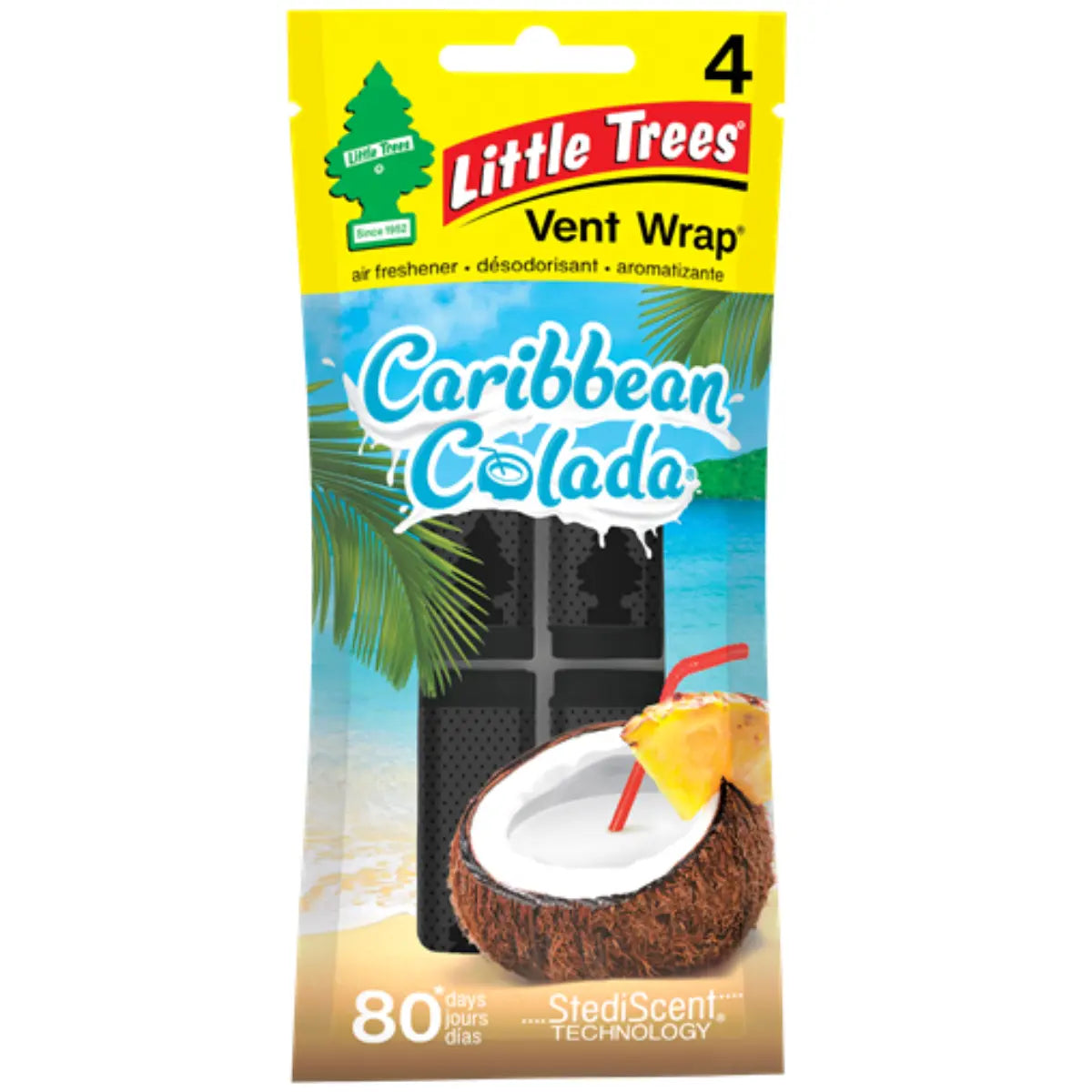Front of Little Trees Caribbean Colada Vent Wrap 4-pack featuring tropical scent branding and coconut-pineapple design.