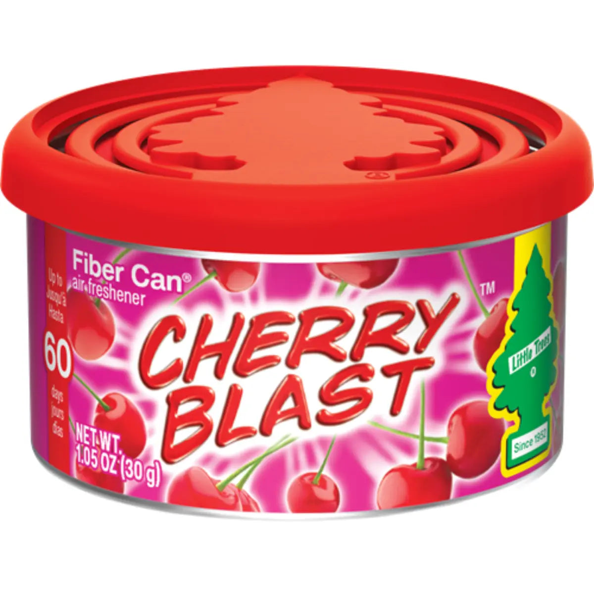 Front view of Little Trees Cherry Blast Fiber Can featuring bold cherry design and scent branding
