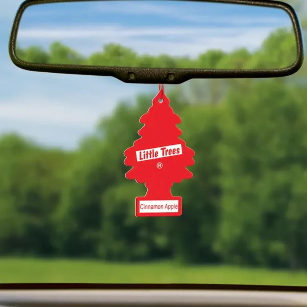 Little Trees Cinnamon Apple air freshener hanging in a car – perfect for wholesale resale.