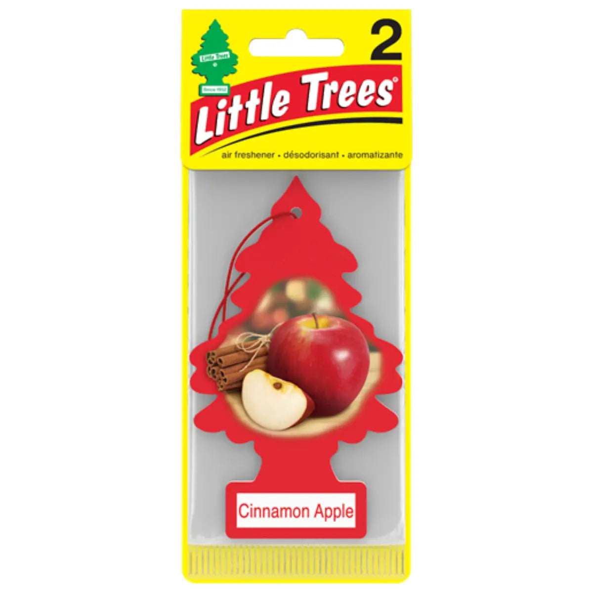 Front view of Little Trees Cinnamon Apple 2-pack car air freshener for wholesale buyers.