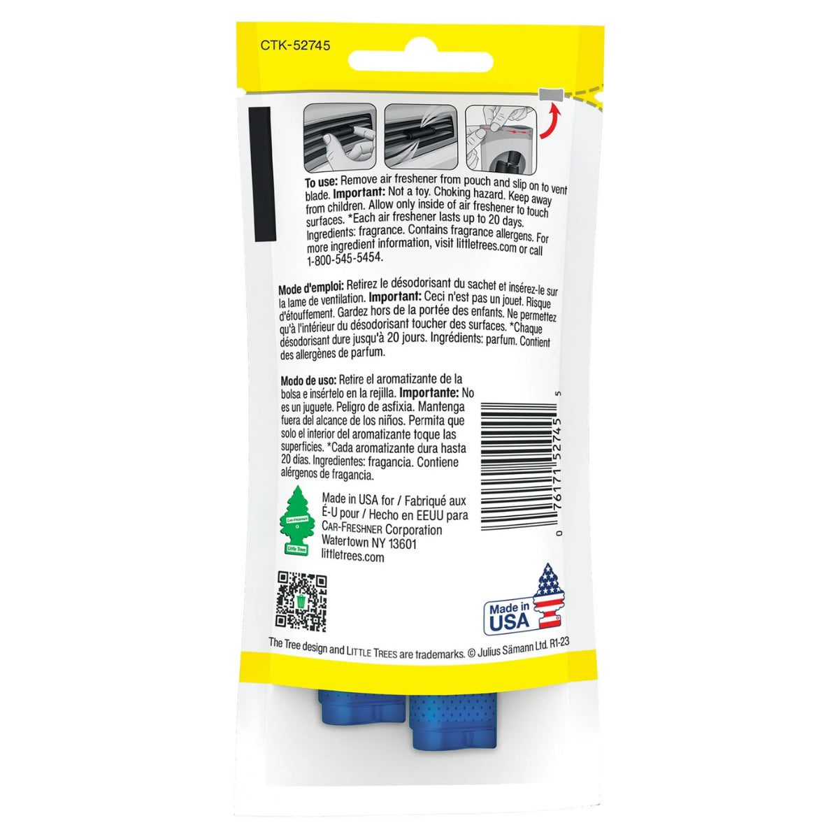 Back of Little Trees Fresh Shave Vent Wrap packaging with product information, barcode, and usage details.