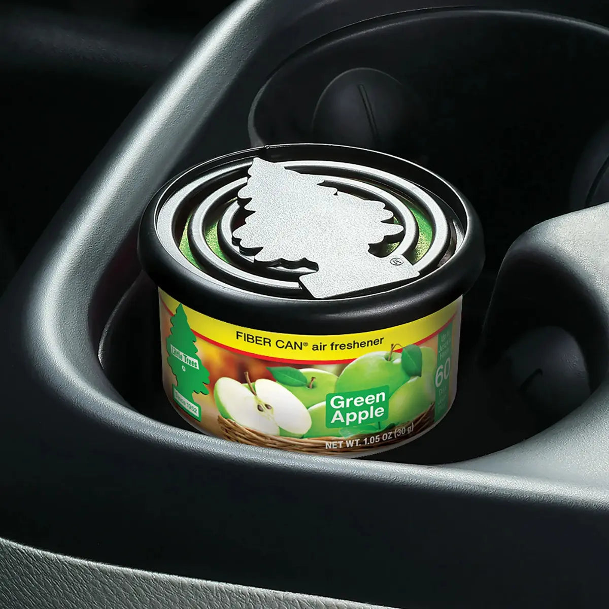 Little Trees Green Apple Fiber Can placed in a car cup holder for everyday use