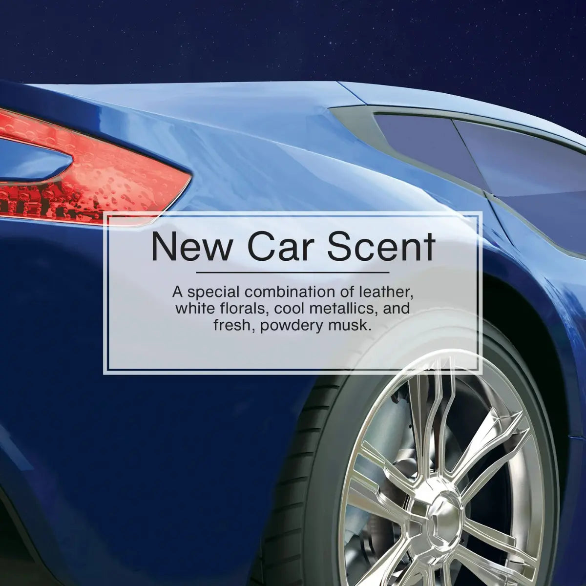 New Car Scent description featuring a blue car and notes of leather, florals, and musk