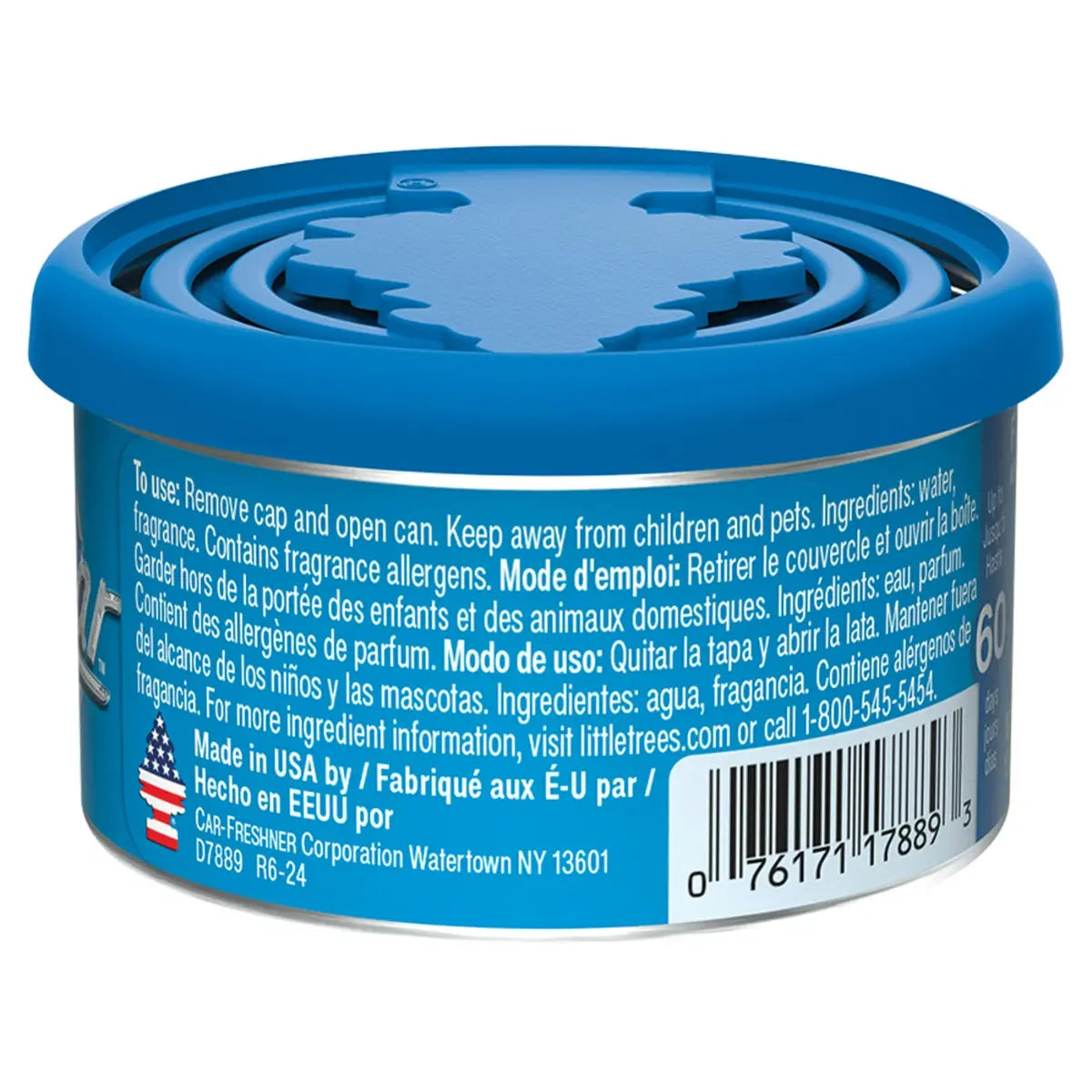 Back of New Car Scent Fiber Can showing barcode, instructions, and manufacturing info