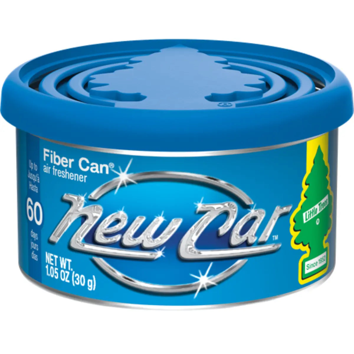 Front view of Little Trees New Car Scent Fiber Can with metallic blue label design