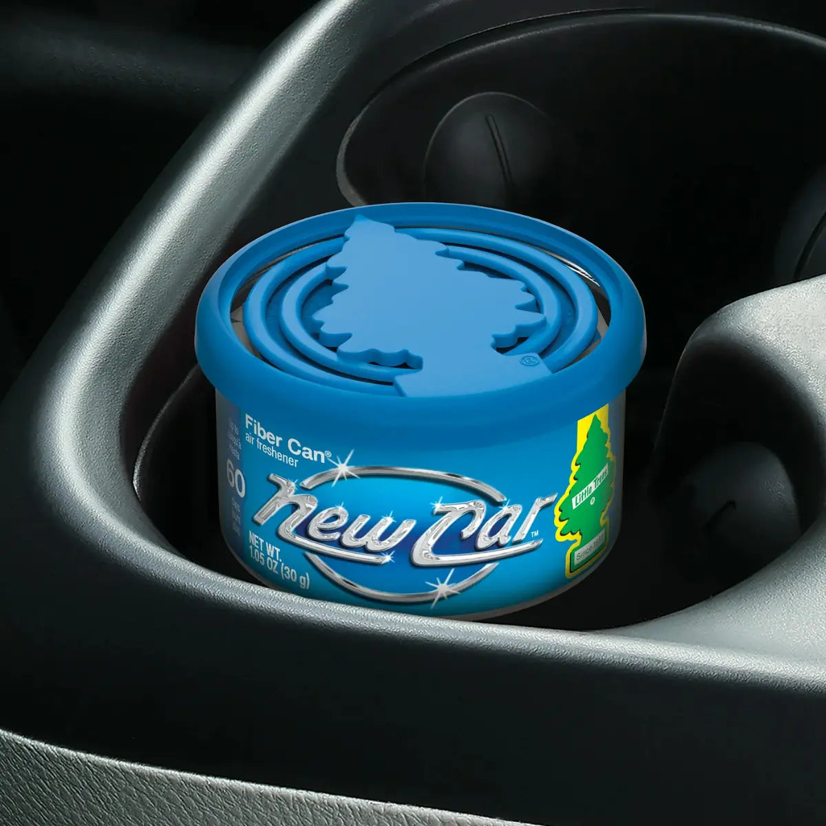 Little Trees New Car Scent Fiber Can placed in a car cup holder for daily use