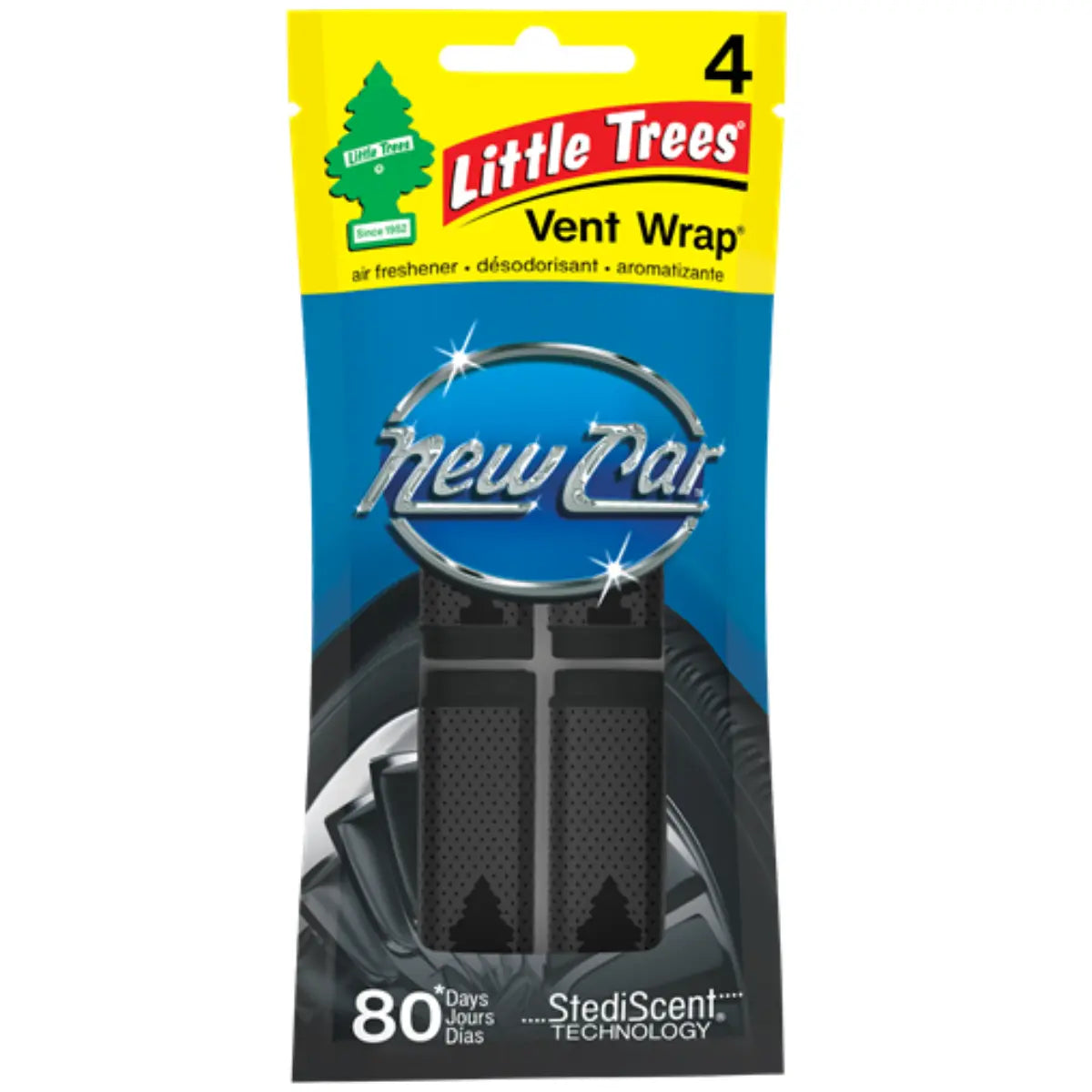 Front of Little Trees New Car Scent Vent Wrap 4-pack featuring sleek blue packaging and retail display.