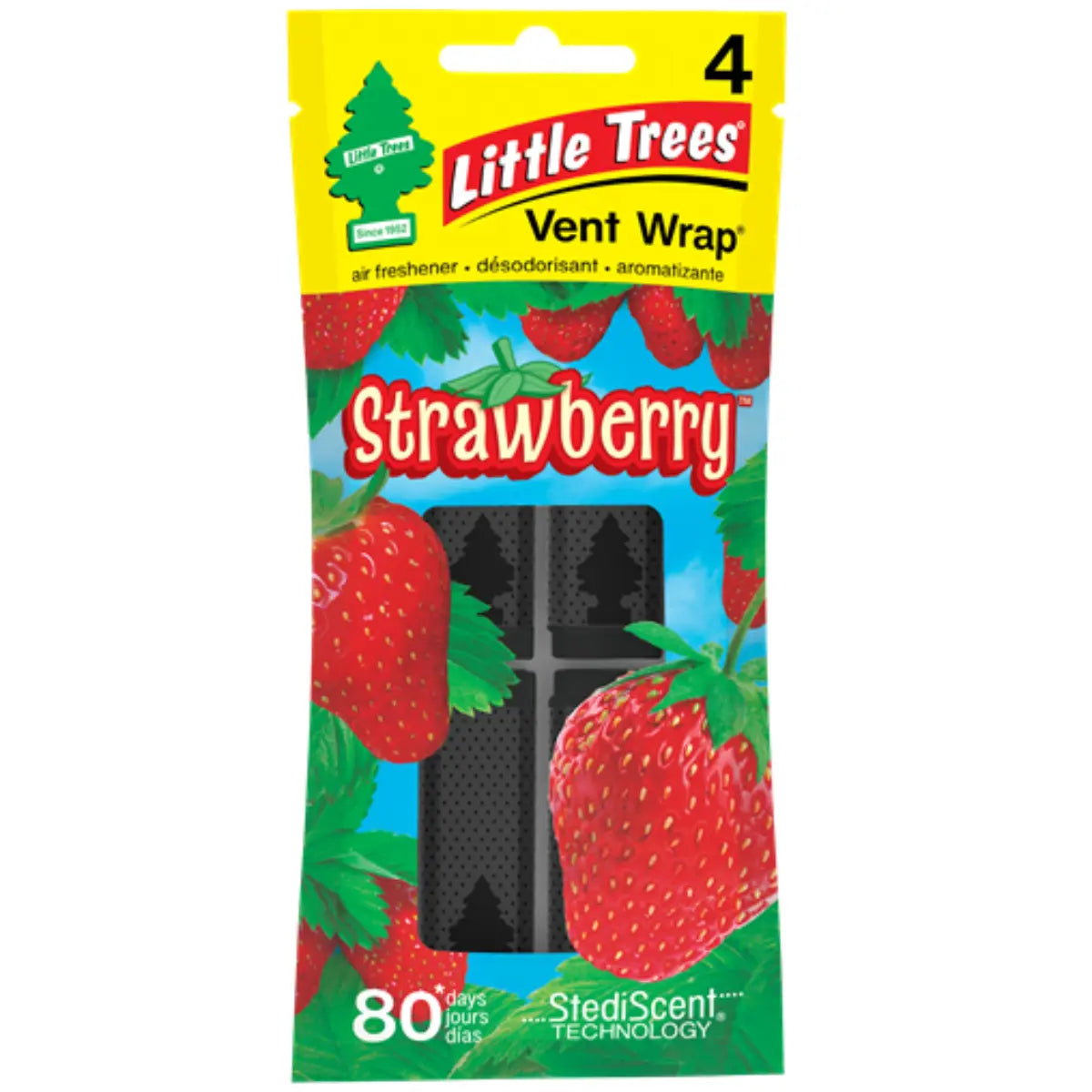 Front of Little Trees Strawberry Vent Wrap 4-pack showing retail packaging with bold red design and strawberry imagery.