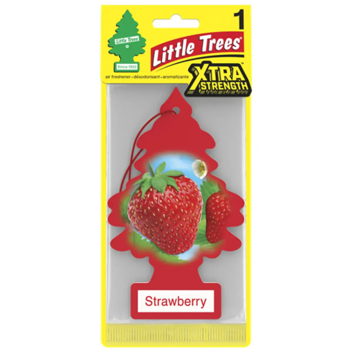Front packaging of Little Trees Strawberry Xtra Strength air freshener for wholesale resale