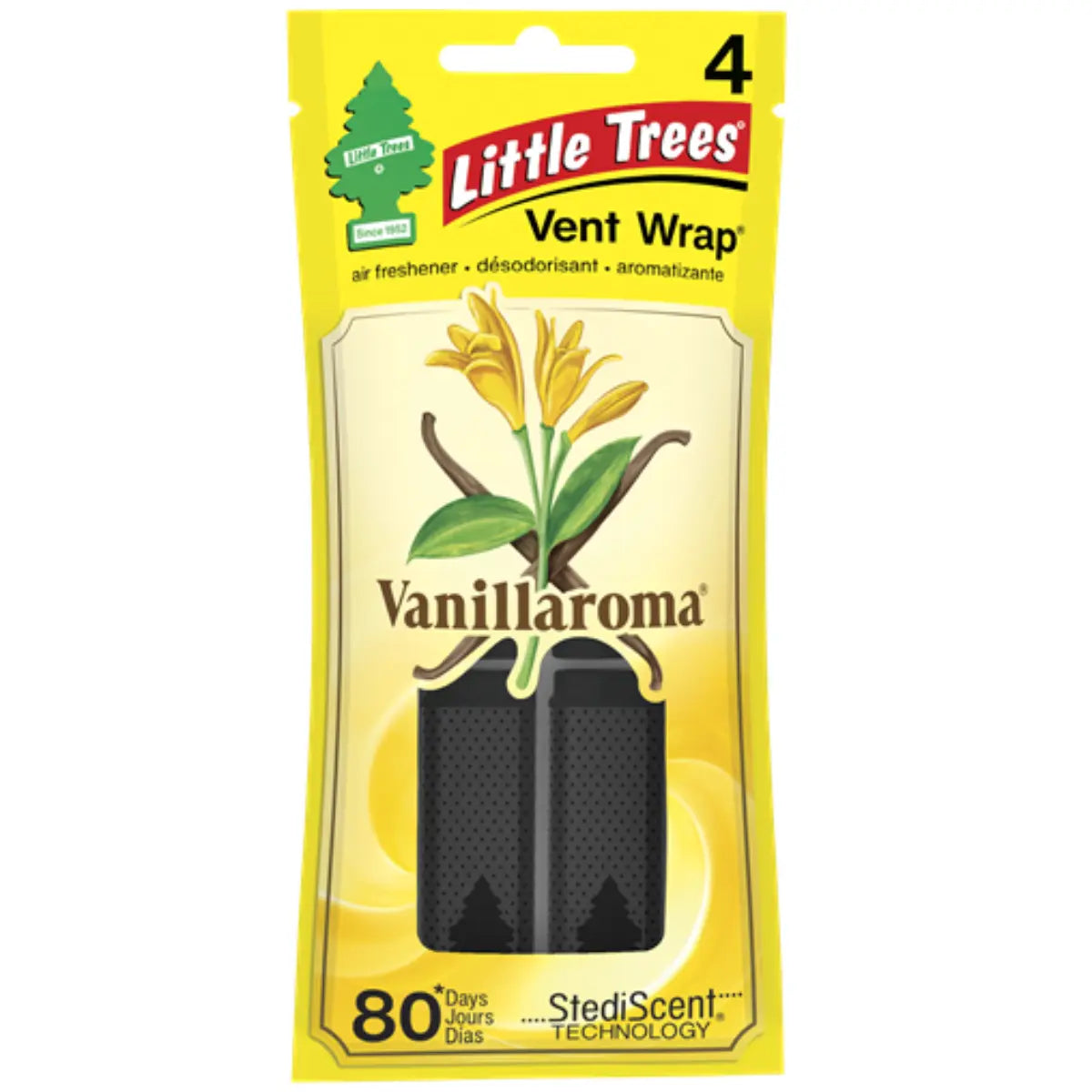Front of Little Trees Vanillaroma Vent Wrap 4-pack featuring yellow packaging and classic vanilla branding.