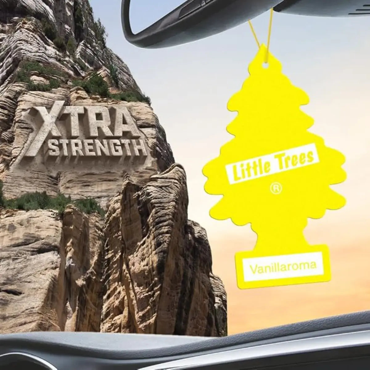 Little Trees Vanillaroma Xtra Strength Air Freshener hanging from car rearview mirror