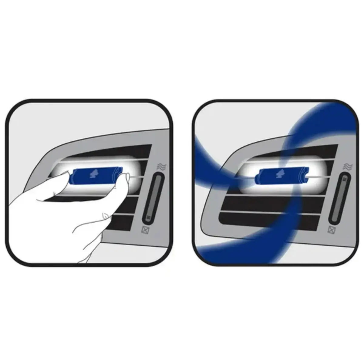 Illustration showing how to install the Little Trees Vent Wrap on a car vent with airflow activation.