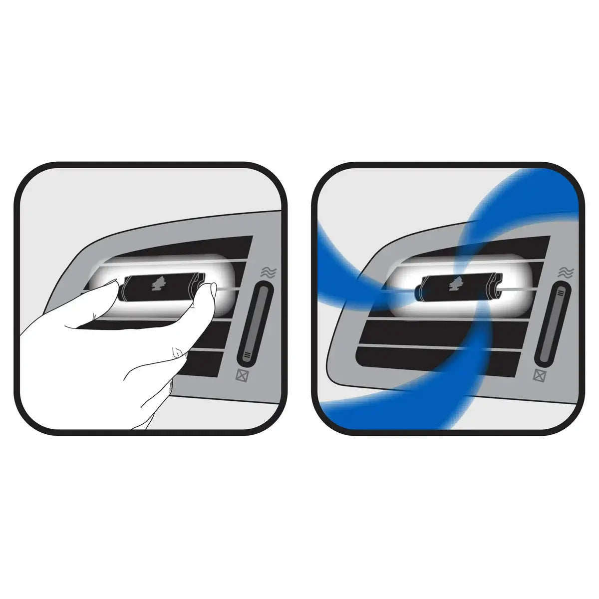 Diagram showing how to install Little Trees Vent Wrap on car vents for consistent airflow-activated fragrance.