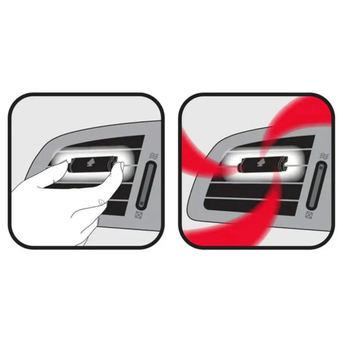 Installation illustration showing how to place Little Trees Strawberry Vent Wrap on car air vents for activated scent.