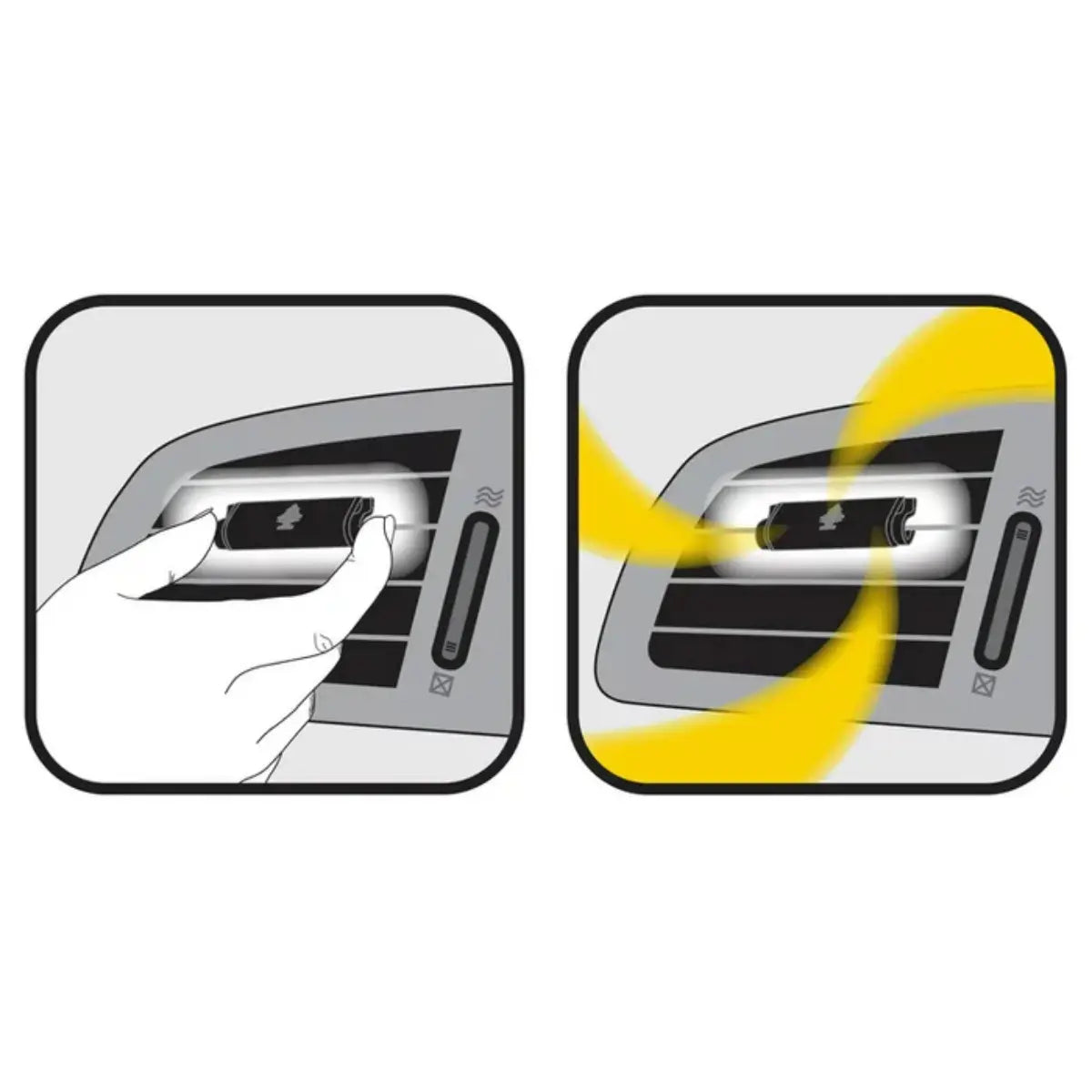 Installation diagram showing how to clip Little Trees Vanillaroma Vent Wrap onto a vehicle’s air vent.
