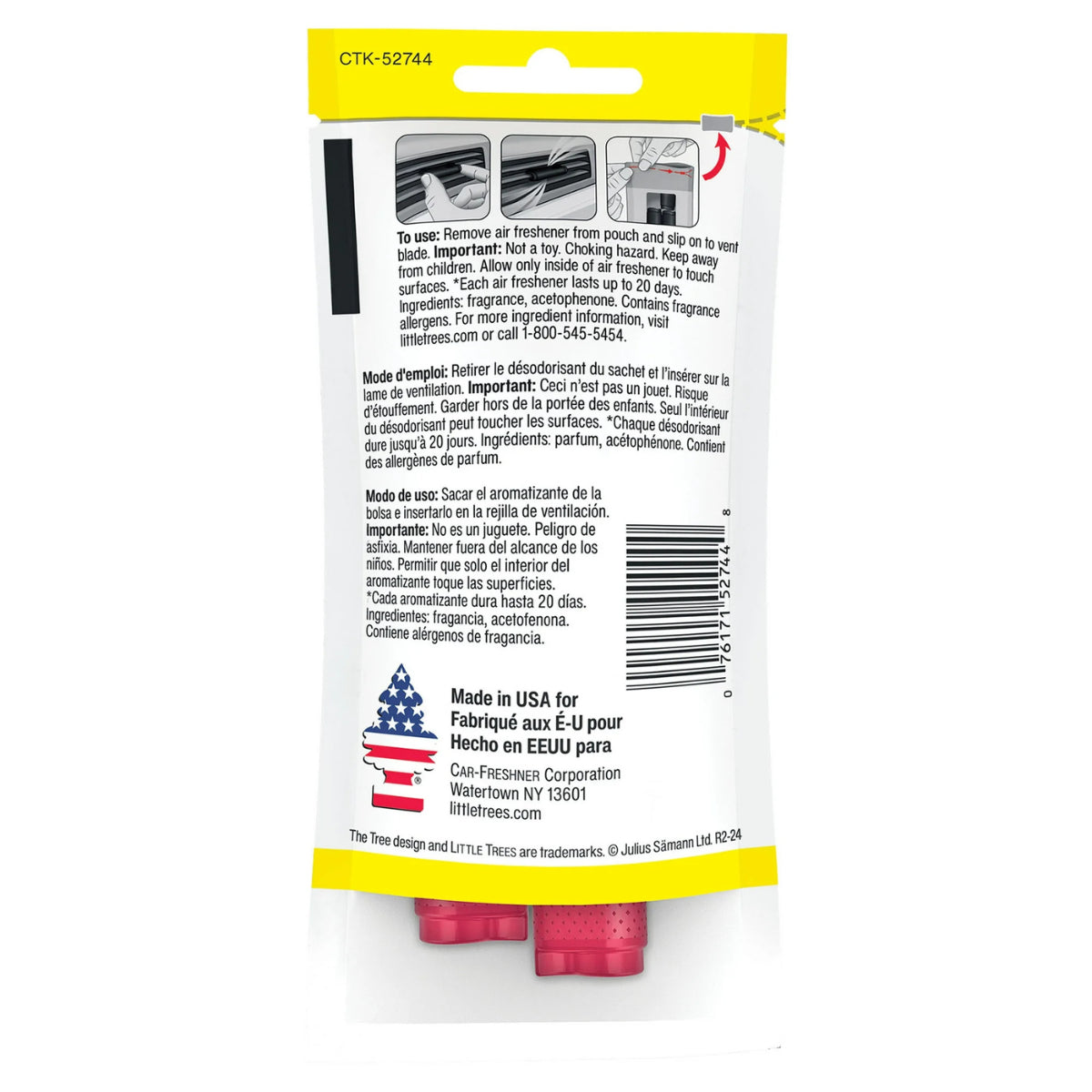 Back of Little Trees Watermelon Vent Wrap packaging showing instructions, barcode, and manufacturer info.