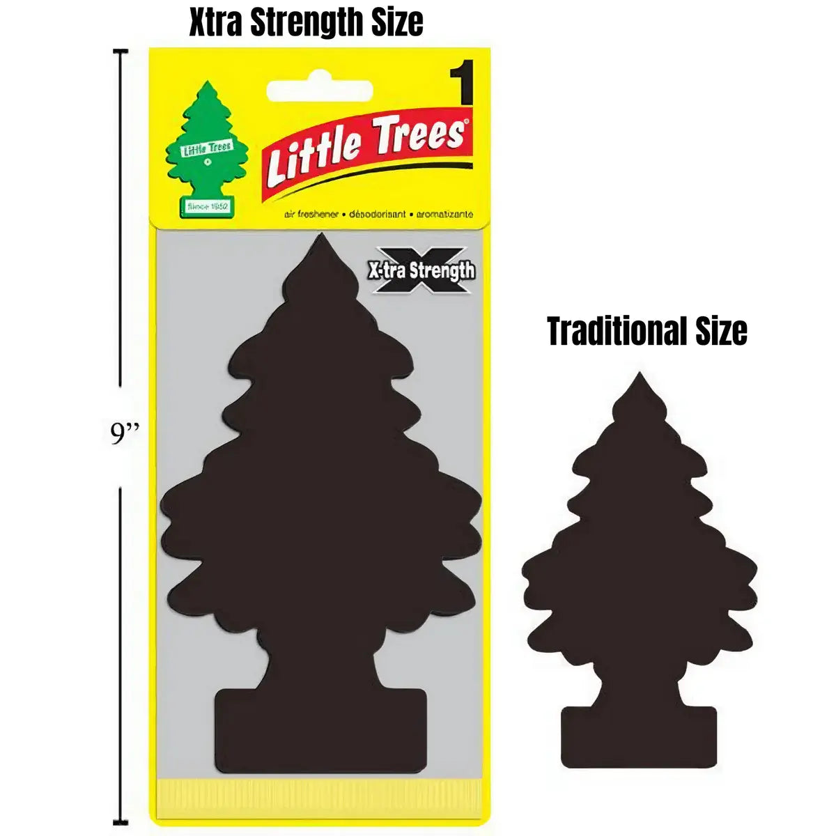 Size comparison of Xtra Strength and traditional Little Trees air fresheners