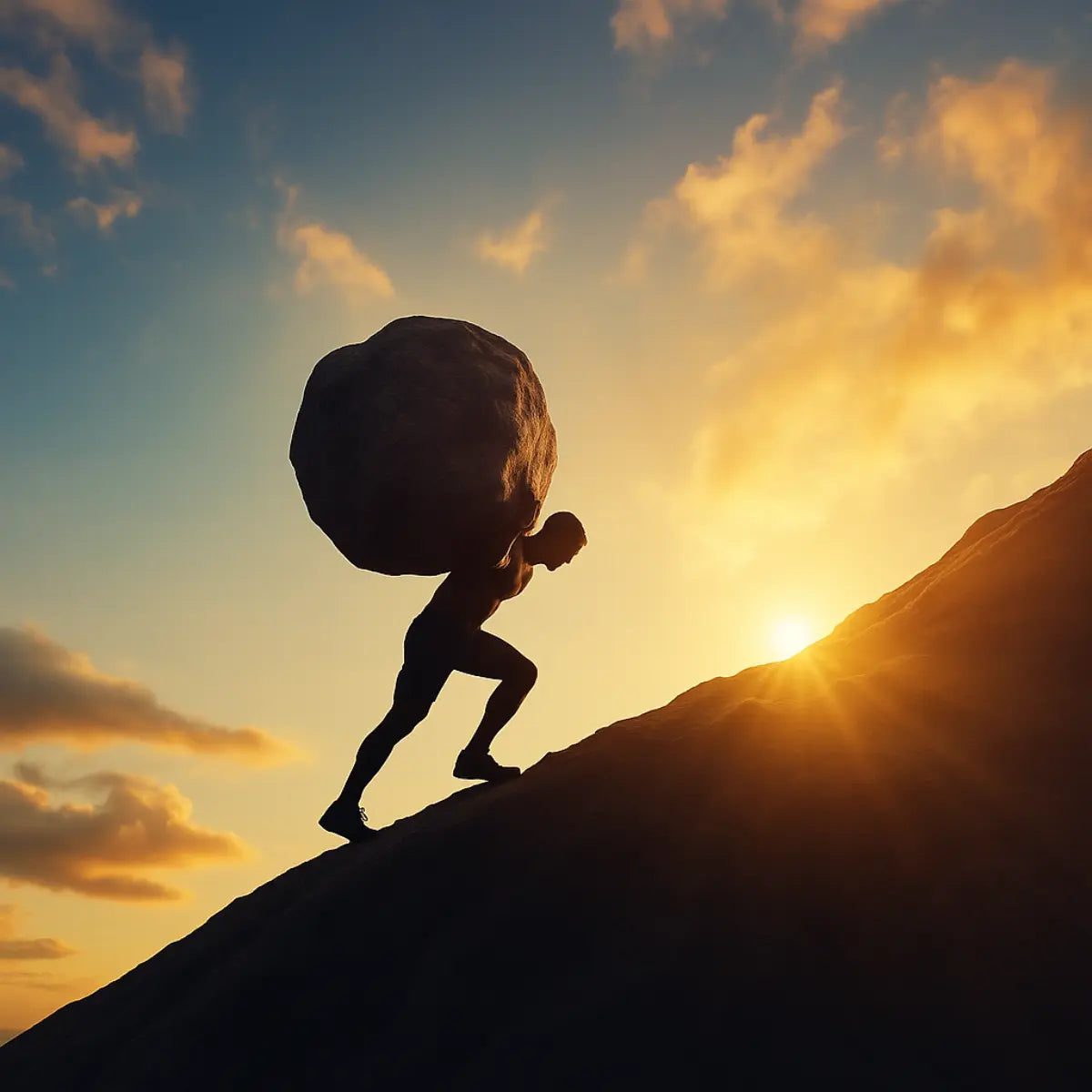 Man Pushing Boulder Uphill at Sunrise – Symbolic of Morning Power and Daily Strength