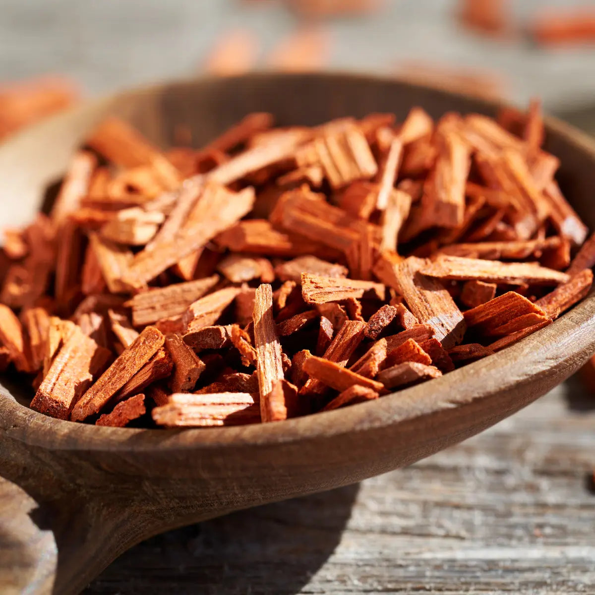 Bowl of Raw Sandalwood Chips – Natural Inspiration for the Earthy Sandalwood Scent Profile
