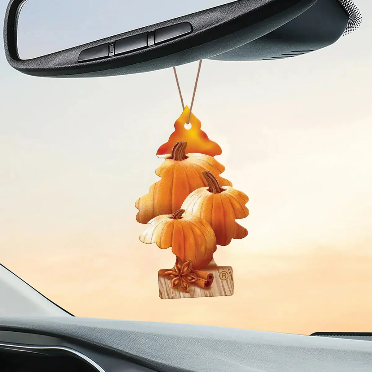 Warm Pumpkin Spice Little Trees Air Freshener Hanging from Rearview Mirror
