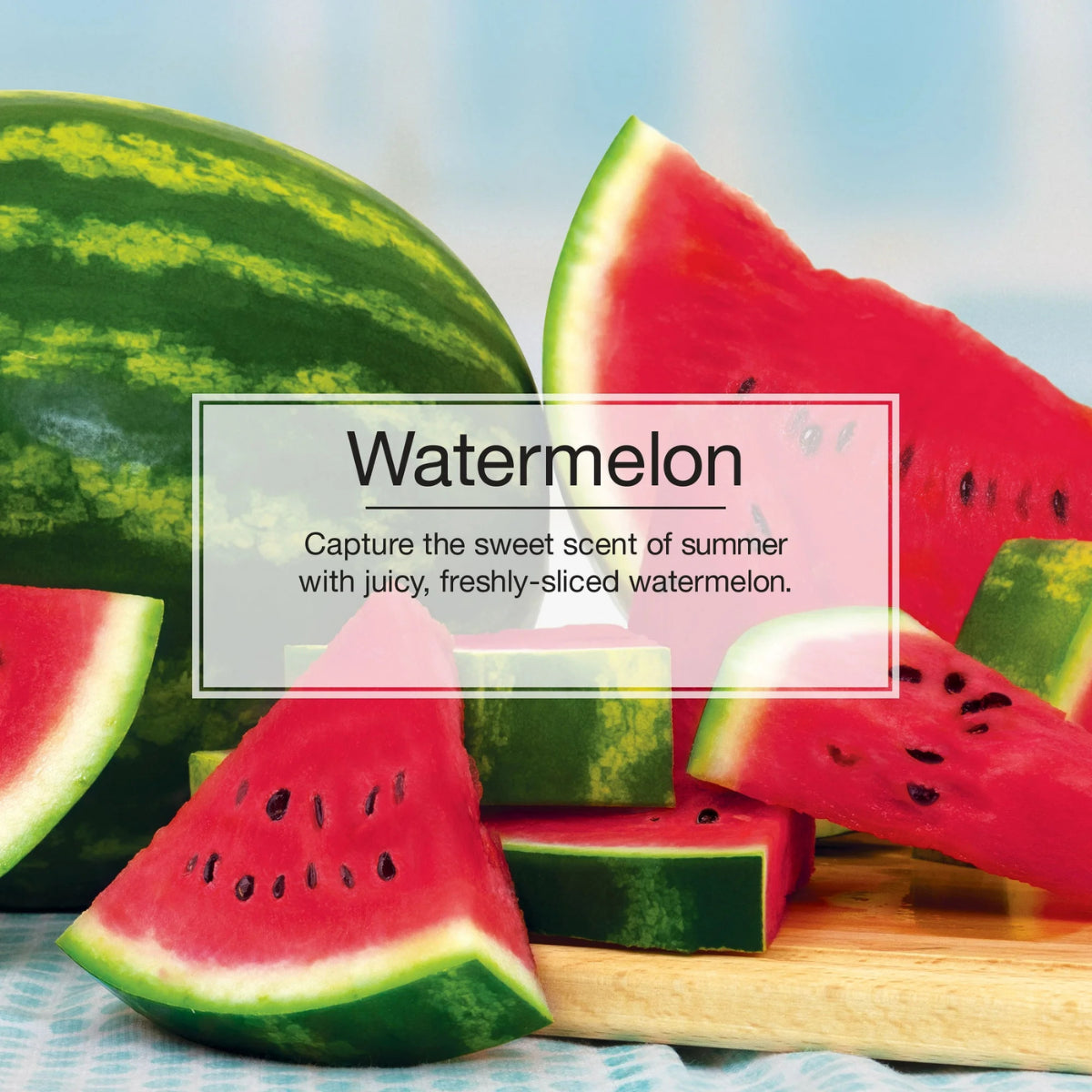 Scent display for Watermelon featuring vibrant slices of watermelon, highlighting the sweet and juicy summer aroma.