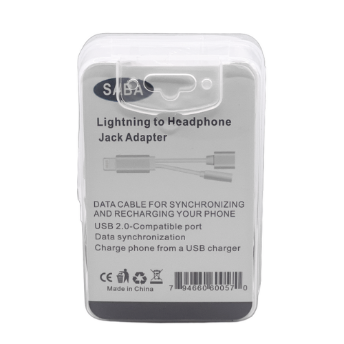 Load image into Gallery viewer, Back of Three in One SABA Lightning to USB-A and Headphone Jack Adapter