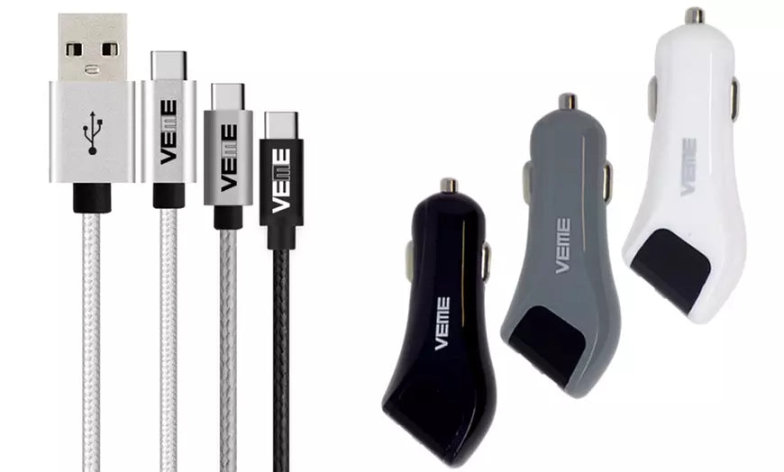All Versions of VEME USB-C Aluminum Charging Cable With USB-A Car Adapter