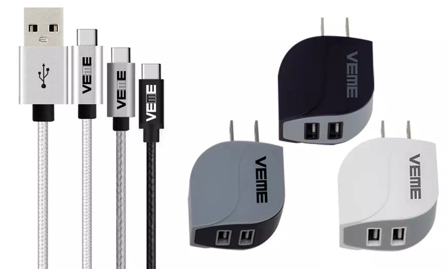All Versions of VEME USB-C Aluminum Charging Cable With USB-A Home Adapter