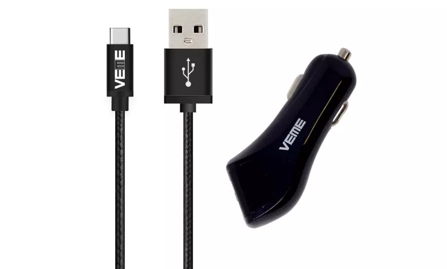 Black VEME USB-C Aluminum Charging Cable With USB-A Car Adapter